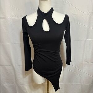 A3 Design Black Cutout Halter Long Sleeve‎ Bodysuit Small Y2K